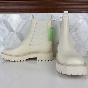 8.5W Cream Ankle Boot Pebbled Leather Elastic Lug Sole Block Heel Waterproof